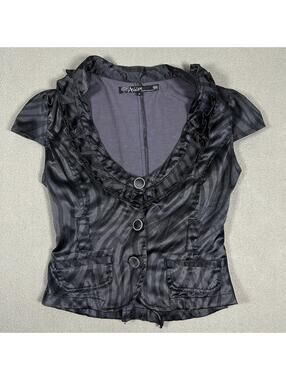 Women’s Blouse Black Gray Stripes Button Ruffle Detail Y2K